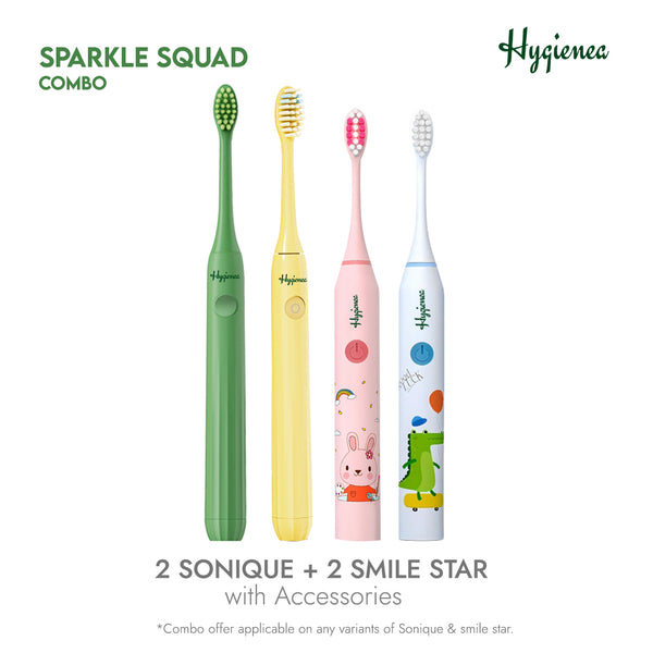 Sparkle Squad - 2 Sonique Adult Electric Toothbrush + 2 Smile Star Kids Electric Toothbrush