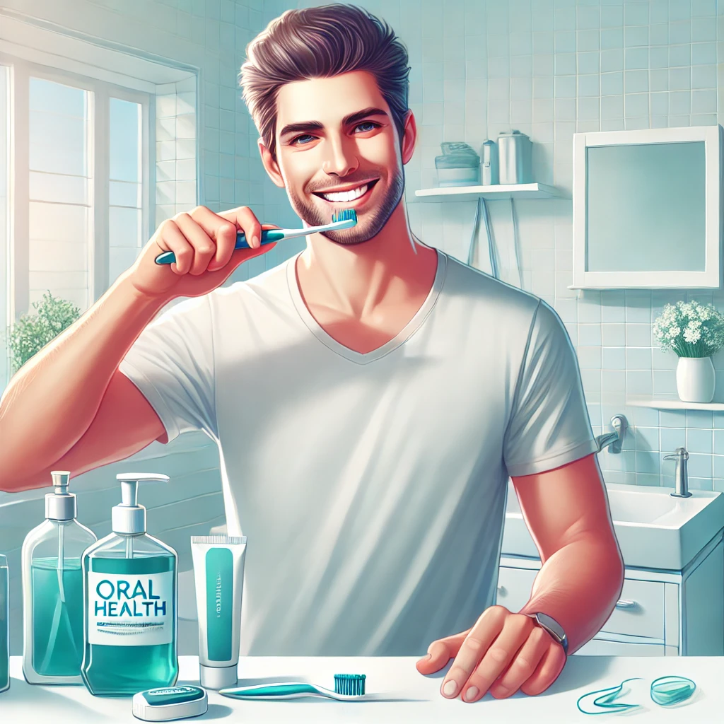 DALL·E 2024-10-15 23.28.56 - An image emphasizing oral health importance for men, featuring a man brushing his teeth in a modern bathroom. The scene includes dental care products